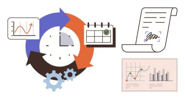 Saat, oklar, verimlilik teçhizatı, çizelgeler, takvim ve imzalı belge içeren dairesel iş akışı. Proje yönetimi, görev izleme, verimlilik iş stratejisi planlama ve büyüme için ideal