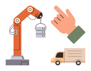 Robot kol kaldırma kargo kutusu, insan eli komuta etme ve lojistik ve otomasyonu vurgulayan teslimat kamyonu. Teknoloji, lojistik, robot bilimi, verimlilik, endüstri ve yenilik için ideal