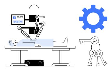 Robot kollar, kimlik ekranı, mavi dişli ve anahtarlı hastaya ameliyat yapıyor. Teknoloji, sağlık, yenilik, otomasyon, gelişen güvenlik gelişimi için idealdir. Basit düz metafor