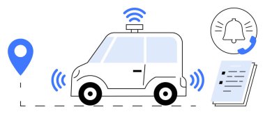 Kablosuz sinyalleri, konum kodu, görev kontrol listesi ve bilgilendirme simgesine sahip kendi kendine çalışan bir araba. Teknoloji, otomasyon, akıllı sistemler, navigasyon, verimlilik, IoT uygulamaları ve gelecek için ideal