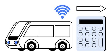 Otobüs, dijital ödeme sürecini sembolize eden bir hesap makinesine kablosuz sinyal gönderiyor. Toplu taşıma için ideal, nakitsiz ödeme, kablosuz işlem, akıllı teknoloji, bağlantı, kentsel hareketlilik, basit