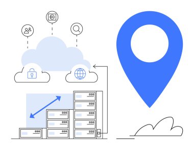 Mavi konum şifresi, içinde güvenlik, kullanıcı ve ağ simgeleri olan bir bulutun altında ölçeklenebilir sunucuların yanında. Bulut teknolojisi, veri depolama, ağ güvenliği, ölçeklenebilirlik, dijital depolama için ideal