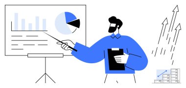 Panosu olan bir işadamı, tablodaki verilere, pasta grafiğine, büyüme oklarına işaret ediyor. Analiz, strateji, eğitim, takım çalışması ve sunum liderliği için ideal. Basit düz metafor