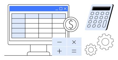 Hesap tablosu, hesap makinesi, dolar işareti ve matematik sembollü bilgisayar ekranı. Vitesler işlemeyi temsil eder. Finans, muhasebe, bütçe, veri analiz teknolojisi verimliliği için idealdir.