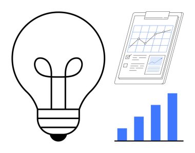 Analitik pano ve büyüme çubuğu grafiğinin yanında fikirleri sembolize eden ampul. Yaratıcılık, yenilik, analiz, strateji, ticaret, büyüme, kalkınma için ideal, basit düz