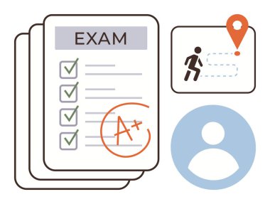 Sınav kağıdı, kontrol listesi ve A sınıfı, konum işaretleyicili rota ve kullanıcı profili. Eğitim, ilerleme izleme, hedef belirleme, kişisel gelişim, başarı ve basit bir daire planlama için ideal