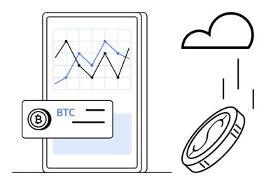 Akıllı telefon şifreli para analiz grafiği, BTC etiketi, paralar buluttan düşüyor. Kripto para birimi, engelleme zinciri, yatırım, dijital para birimi, fintech ticaret çevrimiçi ekonomi için idealdir. Basit.
