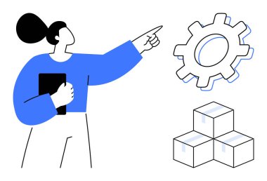 Tableti tutan kadın büyük vitese ve istiflenmiş kutulara işaret ederek lojistik, planlama, takım çalışması, verimlilik, süreç yönetimi, hedef belirleme, otomasyon, basit düz metafor