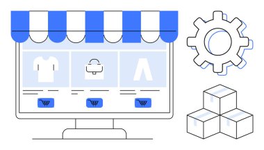 Mağaza vitrinli bilgisayar ekranı, ürün kategorileri, alışveriş arabaları, ayarlar için ekipman ve kutular. E-ticaret, çevrimiçi alışveriş, otomasyon, ürün lojistik kullanıcı arayüzü perakende satış için ideal