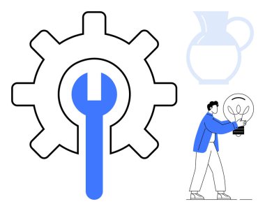 Yenilik ve verimlilik için vites ve ingiliz anahtarı, fikirler için ampulü olan insan, kaynaklar için atıcı. Çözümler için ideal, mühendislik, takım çalışması, yaratıcılık, beyin fırtınası, üretkenlik basit düz düzlük
