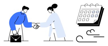 Evrak çantalı bir işadamı, takvim ve hareketli çizgilerin yanında profesyonel kıyafetli bir kadınla el sıkışıyor. Ortaklık, anlaşma, planlama, işbirliği için ideal