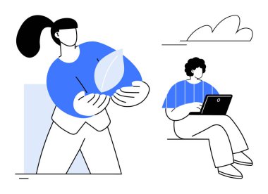 Minimalist tarzda iki kişi, biri bir yaprak tutuyor, sürdürülebilirliği simgeliyor, diğeri de dizüstü bilgisayar kullanıyor. Ekoloji, takım çalışması, sürdürülebilirlik, yenilik, uzaktan çalışma, eğitim için ideal