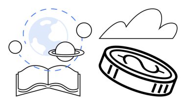 Yörüngedeki gezegenlerin altında açık bir kitap, para ve bulut. Eğitim, finans, bilim, çevre, bilgi yeniliği ve büyüme temaları için idealdir. Basit düz metaforu temsil eder