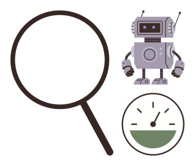 Büyüteç, robot ve hız göstergesi analizi, otomasyonu ve verimliliği temsil ediyor. Teknoloji, yenilik, robot yapay zeka araştırma konuları için idealdir. Basit düz metafor