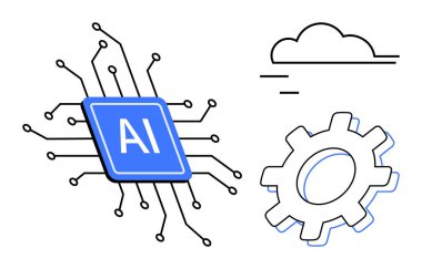 Devreler, bulut ve teçhizat ile çevrili yapay zeka mikroçip makine öğrenmesini, yeniliği ve dijital dönüşümü sembolize ediyor. Teknoloji, veri, otomasyon, bulut hesaplama ağı için idealdir.