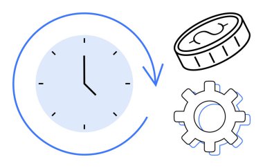 Zaman akışını vurgulayan oklu saat, değeri simgeleyen bozuk para, işi temsil eden teçhizat. Üretkenlik, verimlilik, iş, ilerleme süreci, bütçe oluşturma, basit düz metafor planlama için ideal