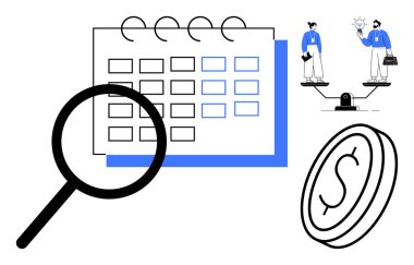 Büyüteçle takvim, profesyonellerle tartılma derecesi ve teslim tarihlerini, dengeyi ve değeri yansıtan madeni para. Zaman yönetimi, karar verme, iş planlaması, kaynak için ideal