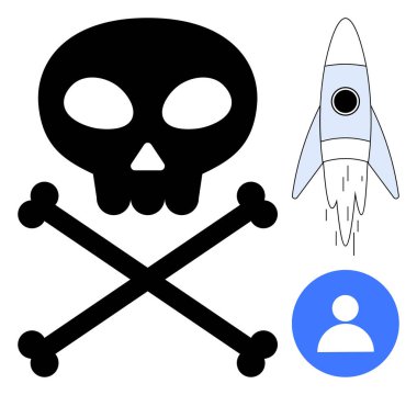 Kurukafa ve çapraz kemikler bir fırlatma roketi ve bir kullanıcı ikonu yanında tehlike, yenilik, bireysellik, keşif, uyarı, karar verme ve büyümeyi temsil eder. Basit düz metafor için ideal