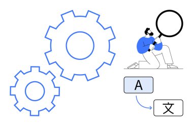 Dil dönüştürme adımlarını büyüteçle inceleyen bir adam. Mavi dişliler süreci sembolize ediyor. Çeviri, dil bilimi, iş akışı, yenilik, problem çözme, araştırma, teknoloji için ideal