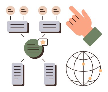 Düğümlerle, merkezi merkezle, el hareketleriyle ve küresel ağla akış şeması şeması. Proje planlaması, takım iletişimi, veri akışı, kullanıcı deneyimi, strateji karar verme safhası için ideal