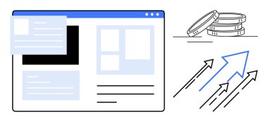 Grafikler, metin, bozuk para yığını ve büyümeyi gösteren yukarı doğru oklu web sayfası düzeni. Finans, analitik, dijital pazarlama, yatırımlar, iş stratejisi, teknoloji sade daire
