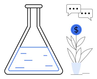 Sıvı, bitki filizlendirme madeni parası ve yenilik, yatırım ve işbirliğini sembolize eden konuşma baloncuklarıyla dolu bir laboratuvar şişesi. İş, araştırma, yaratıcılık, sürdürülebilirlik takım çalışması için ideal