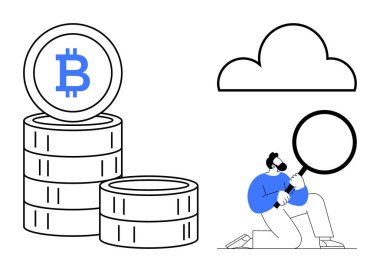 Bitcoin paraları, bulut simgesi, büyüteçle inceleme yapan adam. Kripto para birimi, engelleme zinciri, yatırım, mali analiz, dijital ekonomi, veri güvenliği bulut hesaplama temaları için ideal