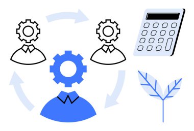 Dişli başlıklı üç kullanıcı simgesi, hesap makinesi, dairesel iş akışını gösteren oklar ve çevre dostu uygulamaları temsil eden yaprak. Takım çalışması, üretkenlik, iş akışı, planlama, otomasyon için ideal