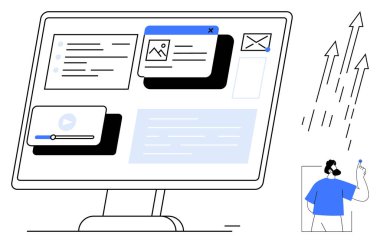 Çoklu ortam pencereli masaüstü ekranı, e- posta simgesi, metin bildirimleri, insan ve yukarı bakan oklar. Üretkenlik, dijital medya, uzaktan çalışma, iletişim, çoklu görev yeniliği için ideal