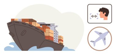 Konteynırlı kargo gemisi, ses tanıma için ses dalgalarıyla yüz yüze, küresel ticareti, lojistiği, teknolojiyi ve yeniliği simgeleyen uçak. Nakliye, yapay zeka ve ulaşım iletişimi için ideal