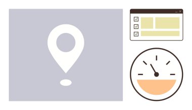 Beyaz konum pimi, kontrol listesi arayüzü ve hız göstergesi ilerlemeyi, hedefleri ve zaman yönetimini vurguluyor. Üretkenlik, planlama, analitik, iş akışı verimliliği izleme için ideal