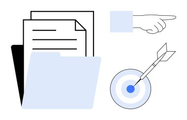 Dosyayı aç. Belgeler, işaret parmağı ve hedefi vuracak bir dart oku. Üretim, organizasyon, hedefleme hedefleri, karar verme, yön ve iş stratejileri için ideal