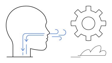 Hava akışı oklu insan profili mekanik ve fonksiyonları sembolize eden dişlilere bağlı nefes alış verişini gösteriyor. Sağlık, biyoloji, anatomi, mühendislik, teknoloji, yenilik için ideal.