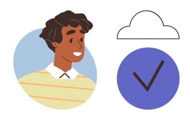 Bir bulut çizgisi ve işaretli mavi dairenin yanında gülümseyen genç bir adam. Başarı, onay, pozitiflik, bulut depolama, veri güvenliği, güven, basit düz metafor