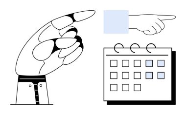 Robotik el, insan eli ve işaretlenmiş tarihli takvim işbirliğini, takvimi ve verimliliği simgeler. Teknoloji, planlama, yönetim, takım çalışması yeniliği için ideal ilerleme süresi