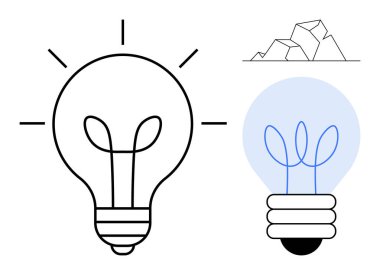 Işınlar ile büyük parlayan ampul, kablo şekilleriyle dolu daha küçük stilize ampul, üzerinde geometrik kayalar. Yaratıcılık, yenilik, tasarım düşünme, elektrik, enerji ve minimalizm için ideal