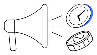 Zaman ve maddi değeri vurgulayan bir saat ve bozuk para yansıtan megafon. Promosyon, reklam, iletişim, iş dünyası, marka farkındalığı, verimlilik, yatırım için ideal. Basit düz metafor