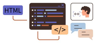 HTML ve CSS 'de kod editörü, insan profilli konuşma tanıma simgesi ve diyalog baloncukları. Program, web geliştirme, yenilik, iletişim, teknoloji, öğrenme kullanıcısı için ideal