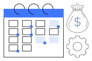 İşaretli görevler, iş akışlarını simgeleyen dişli takvim ve bütçeyi veya tasarrufu simgeleyen para çantası. Planlama, verimlilik, teslim tarihleri, iş akışı, bütçe planlaması için ideal. Basit düz