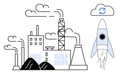 Fabrika duman salıyor, iki kömür yığını, roketler gökyüzüne fırlatılıyor, geri dönüşüm bulutu. Sürdürülebilirlik, yenilik, teknoloji, çevresel etki, eko-geçiş endüstrisi evrimi için ideal