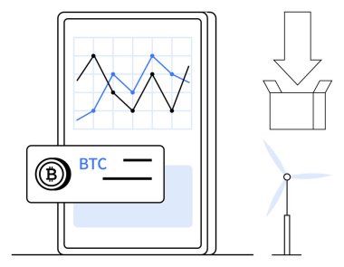 Finansal grafikli akıllı telefon, BTC kartı, rüzgar türbini, indirme simgesi, açık kutu. Kripto para birimi, fintech, yatırım ekolojik sürdürülebilirlik dijital varlıklar temiz enerji için idealdir. Basit düz