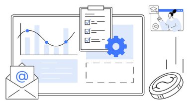 Grafikler, kontrol listesi, teçhizat, e-posta, video çağrısı ve bozuk para analitiği, verimliliği, işbirliği pazarlama finans takımı çalışmasını ve yeniliği temsil eder. İş eğitimi ve girişimler için ideal