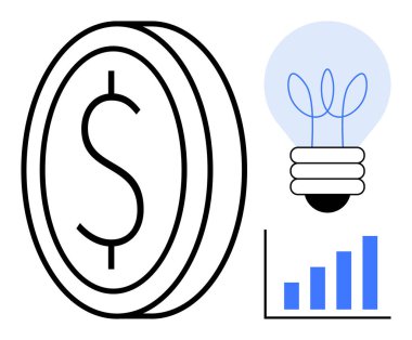 Dolar madeni para, ampul ve bar grafiği finansal büyüme, yenilik ve analizi sembolize eder. Yatırım için ideal, iş stratejisi, ekonomik eğilimler, başlangıç planlaması zenginlik yönetimi yaratıcı