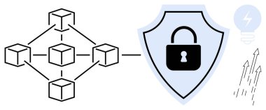 Kilit simgesine bağlı blok zincir yapısı, ampul ve büyüyen oklarla eşleştirilmiş siber güvenlik ve veri korumasını sembolize eder. Teknoloji, güvenlik, engelleme zinciri ve iş için ideal