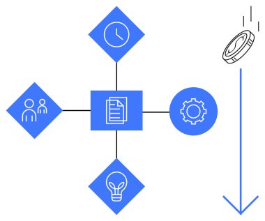İnsanlar, saat, ampul, teçhizat ve verimliliği sembolize eden bozuk para içeren birbirine bağlı simgeleri gösteren diyagram. Takım çalışması, planlama, yenilik, verimlilik optimizasyonu için ideal