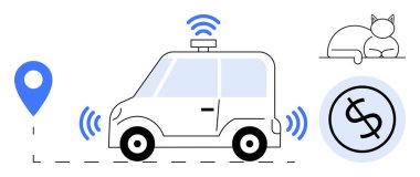 Kablosuz sinyalleri, GPS işaretleyicisi, döviz tabelası ve dinlenen kedisi olan kendi kendine çalışan bir araba. Teknoloji, otomasyon, ulaşım, finans, navigasyon, sürdürülebilirlik hayvan dostu kavramlar için ideal