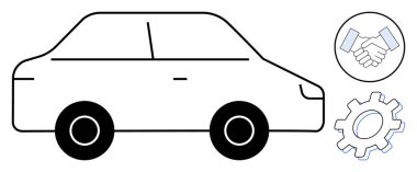 Ortaklık için el sıkışma sembolü ve operasyon ya da onarım için vites simgesi olan siyah araba ana hatları. Ulaşım, takım çalışması, mekanik, hareketlilik, anlaşmalar, imalat, basit düz metafor