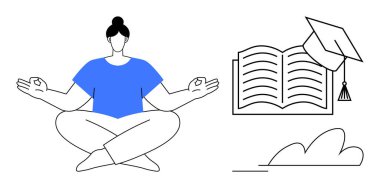 Lotus 'ta meditasyon yapan biri mezuniyet şapkası takmış açık bir kitabın yanında poz verir. Eğitim, farkındalık, denge, kişisel büyüme, başarı, kendini geliştirme ve özbakım için idealdir. Basit düz metafor