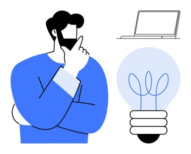 Mavi tişörtlü adam düşünüyor, ampul fikri sembolize ediyor, üretkenlik için laptop. Yaratıcılık, yenilik, problem çözme, strateji, karar verme, öğrenme kavramları için ideal