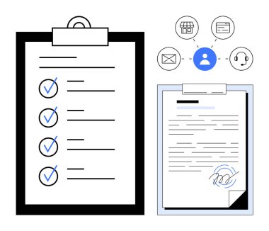 Tamamlanmış bir liste ve imzalanmış bir belgeyle birlikte iki pano. Simgeler arasında kullanıcı profili, e- posta, kulaklık ve mağaza yer alıyor. İş akışı, organizasyon, sözleşmeler, müşteri hizmetleri için ideal